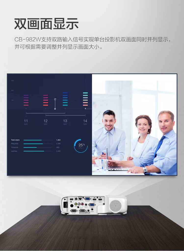 爱普生（EPSON）CB-972 投影仪 投影机 商用办公会议家用教育 4100流明 标清 双HDMI接口 支持侧面投影
