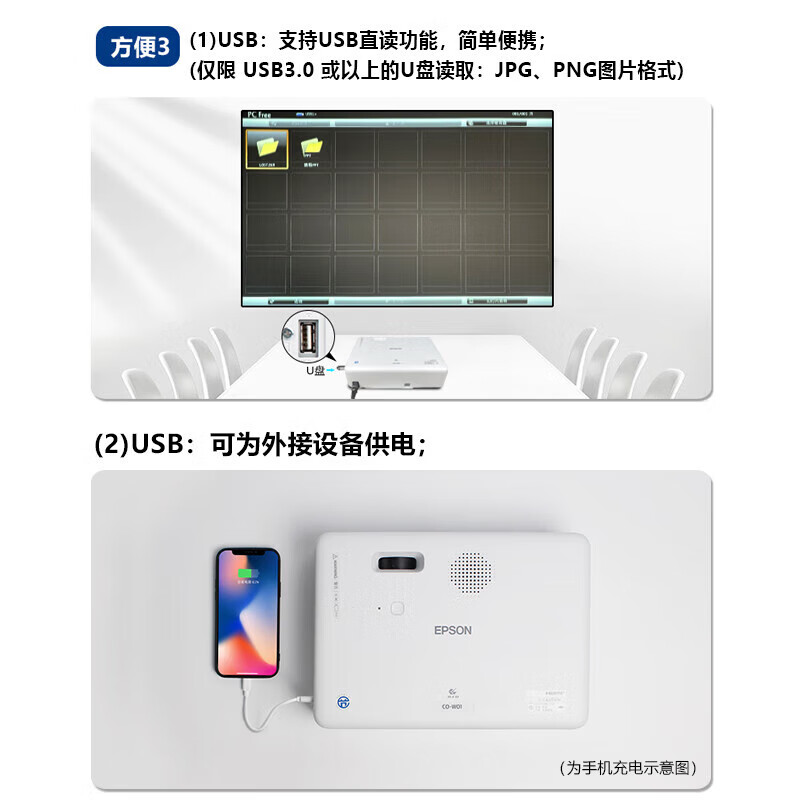 爱普生（EPSON）CO-W01 投影仪 投影仪家用 投影仪办公 商住两用投影仪（3000流明 WXGA 1.35倍变焦）
