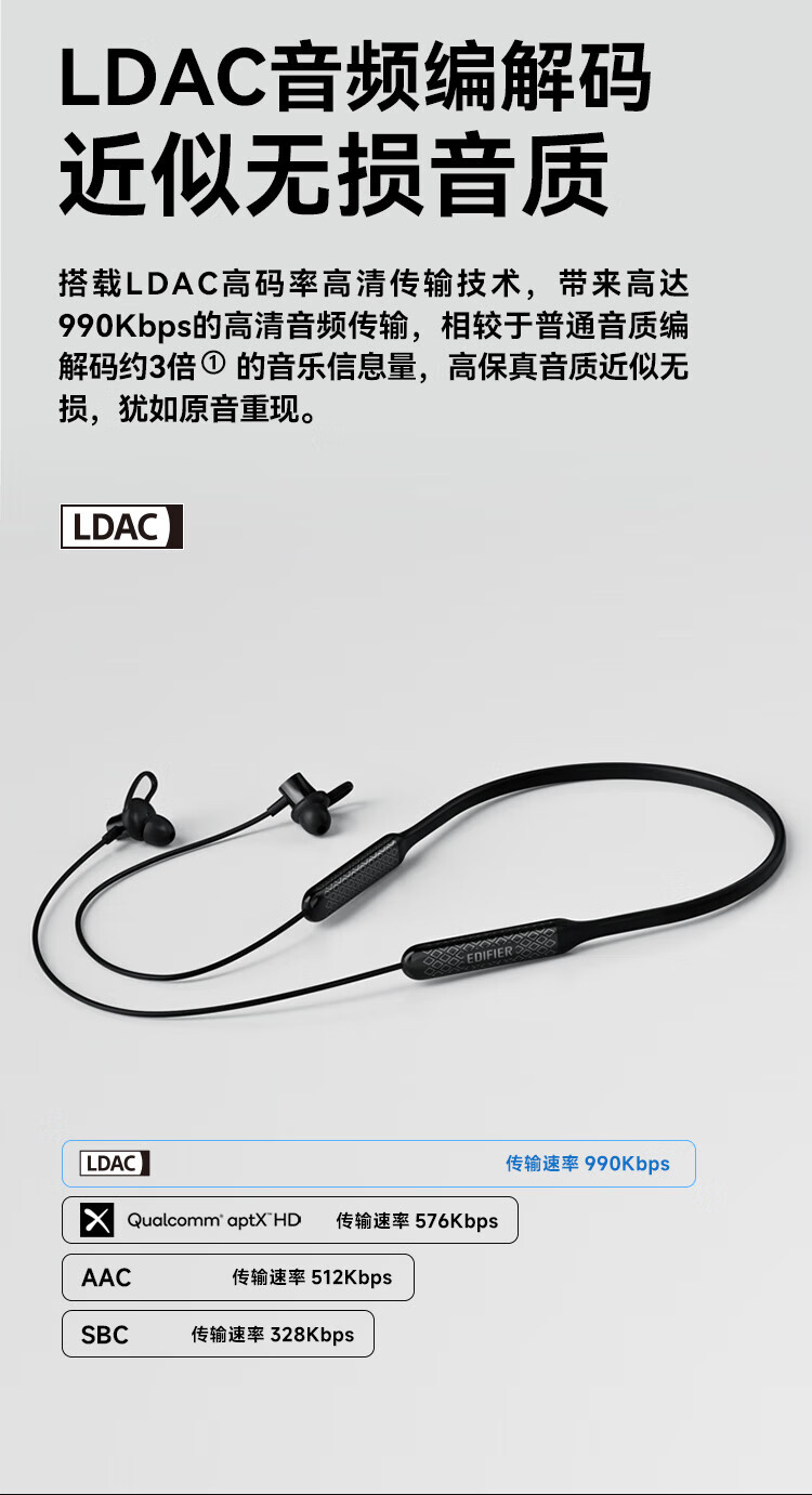 漫步者 W200BT Free 入耳式无线运动蓝牙耳机 蓝牙5.3 颈挂式耳机 手机耳机 通话降噪耳机 黑色EDF200076