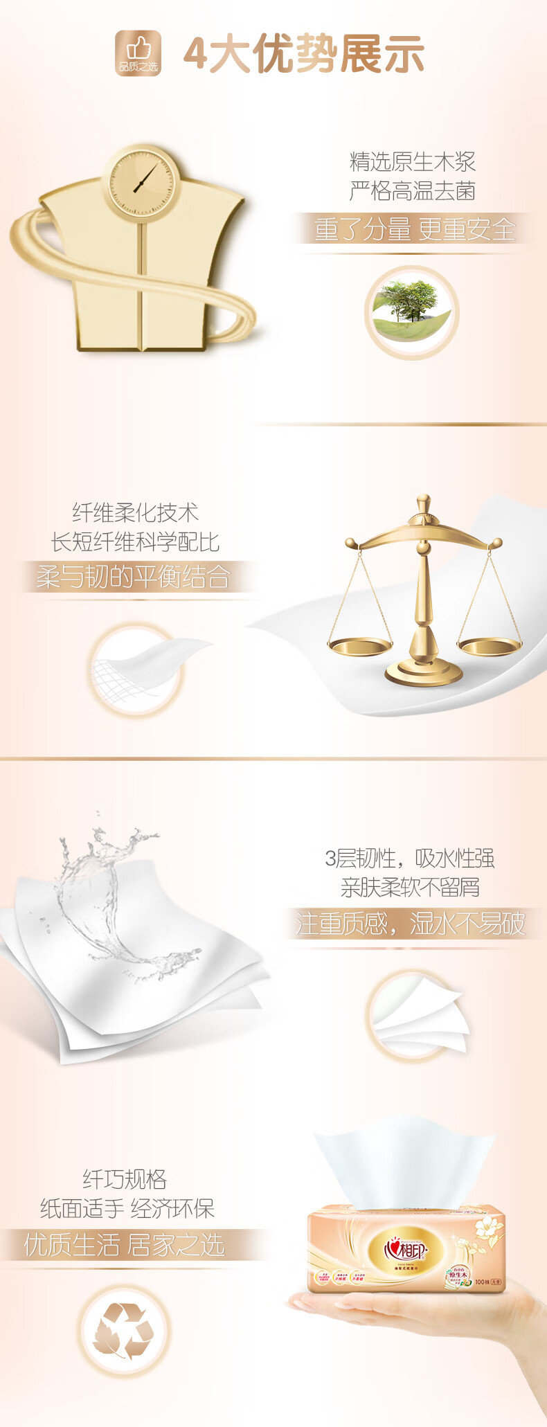 心相印经典系列纸巾3层100抽8包可湿水面巾纸提装