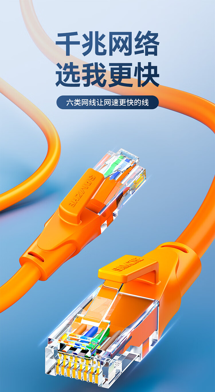 山泽(SAMZHE)六类网线 CAT6类千兆极速8芯双绞 工程家用宽带监控电脑网络成品跳线 橙色 OWD6030 3米
