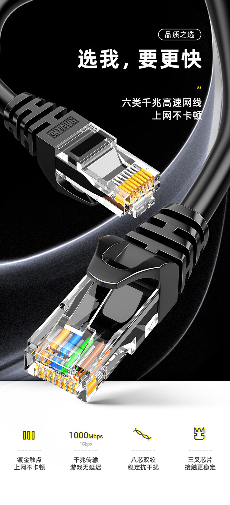 山泽(SAMZHE)六类网线 CAT6千兆极速八芯双绞 工程家用电脑连接线 非屏蔽成品网络跳线 黑色 CAH-6030 3米