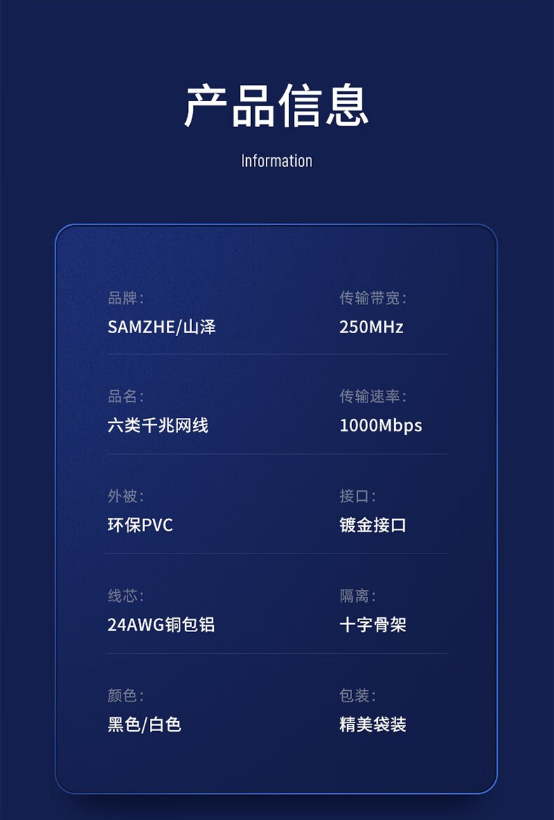 山泽(SAMZHE)六类网线 CAT6类千兆网络连接线 电脑宽带监控电脑网络8芯双绞成品跳线 白色 BTM-6020 2米