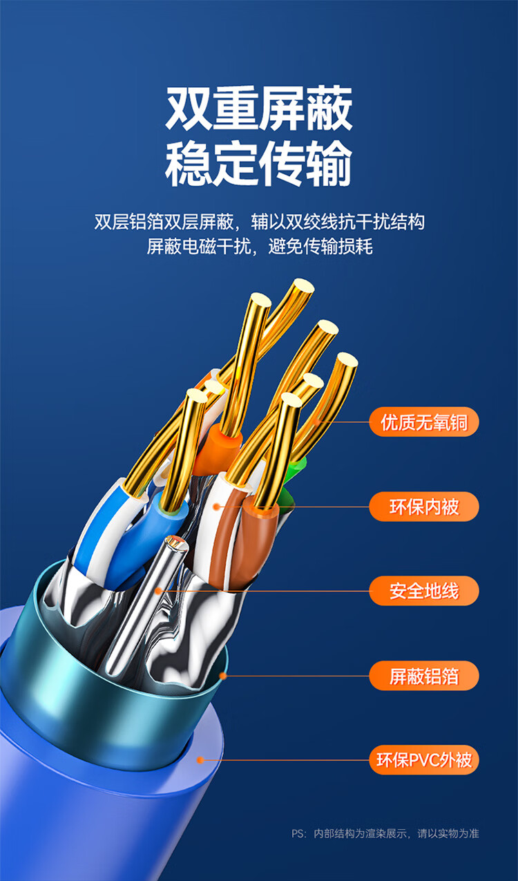 山泽(SAMZHE)超六类双屏蔽网线CAT6A类工程家装万兆网络宽带线抗干扰降衰减纯铜线蓝色LC6305 305米
