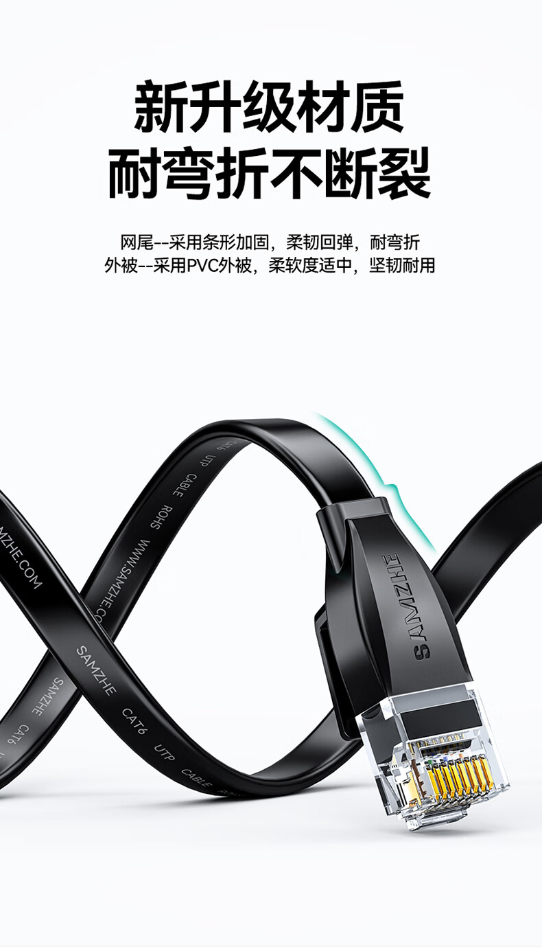 山泽(SAMZHE)六类网线 CAT6类千兆无氧铜扁平网线 电脑宽带家用监控网络连接成品跳线 黑色 HBP602 2米