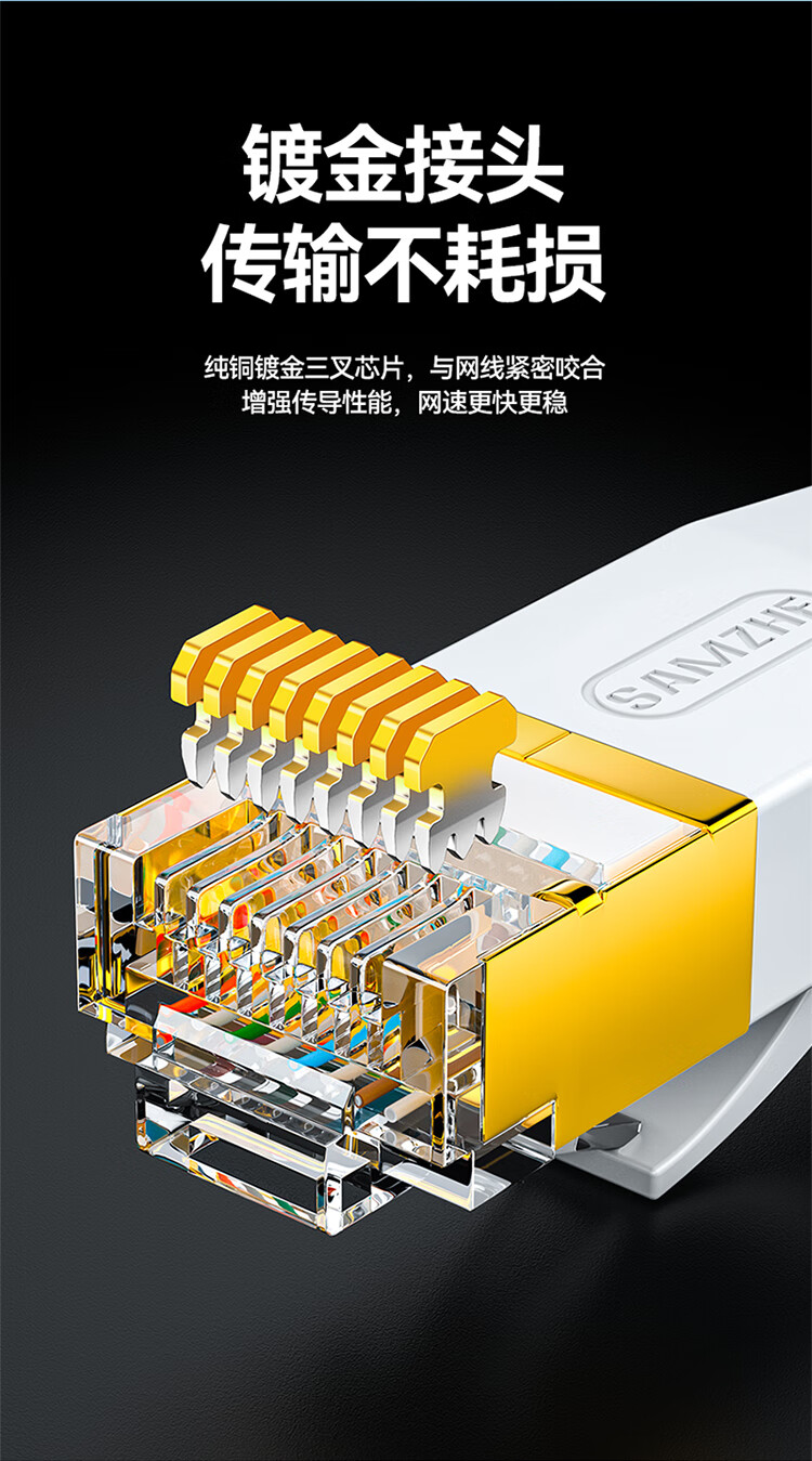 山泽(SAMZHE)六类网线 CAT6类千兆网络线 无氧铜镀金扁平软线 金属头超薄网线 白色 6080PBS 8米