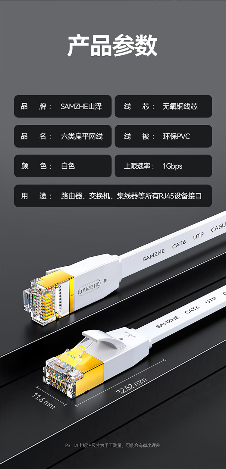 山泽(SAMZHE)六类网线 CAT6类千兆网络线 无氧铜镀金扁平软线 金属头超薄网线 白色 6080PBS 8米