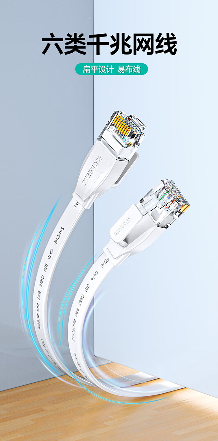 山泽(SAMZHE)六类网线 CAT6类千兆无氧铜扁平网线 电脑宽带家用监控网络连接成品跳线 白色 BBP6005 0.5米
