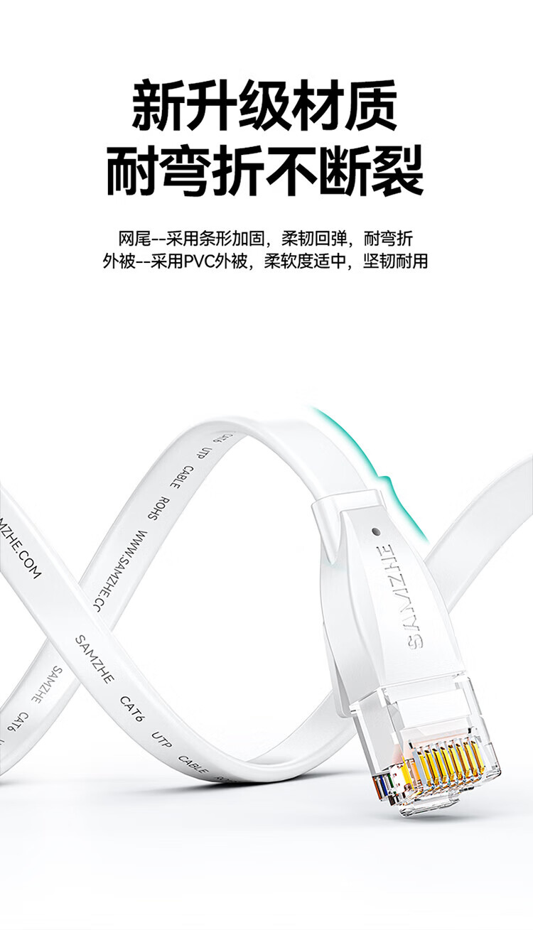 山泽(SAMZHE)六类网线 CAT6类千兆无氧铜扁平网线 电脑宽带家用监控网络连接成品跳线 白色 BBP602 2米