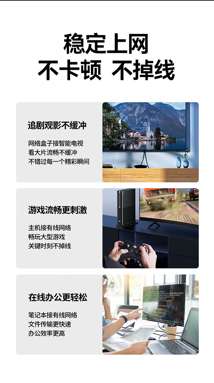 山泽(SAMZHE)六类网线 CAT6类千兆无氧铜扁平网线 电脑宽带家用监控网络连接成品跳线 白色 BBP602 2米
