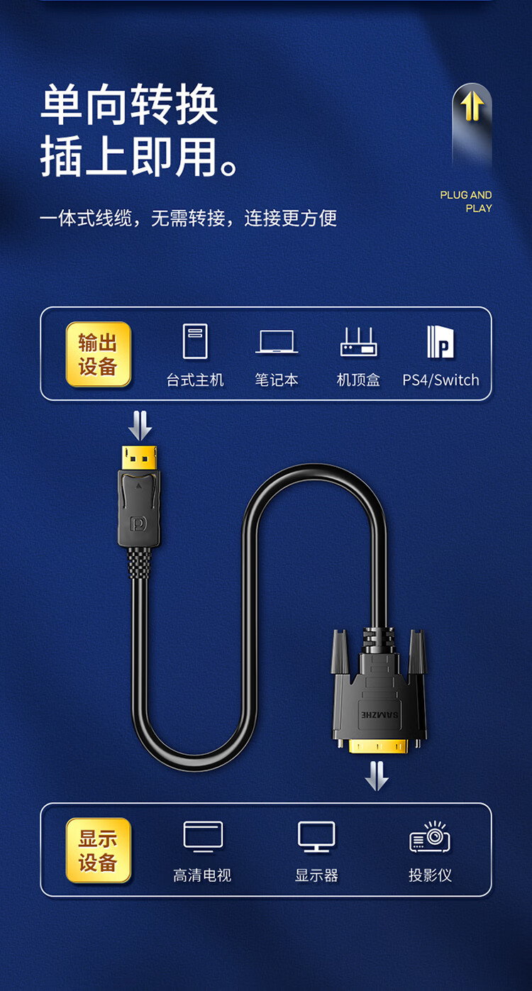 山泽(SAMZHE)DP公转DVI转接线 DisplayPort转dvi公对公转换头 电脑电视视频连接线 黑色 ZJX-11 3米