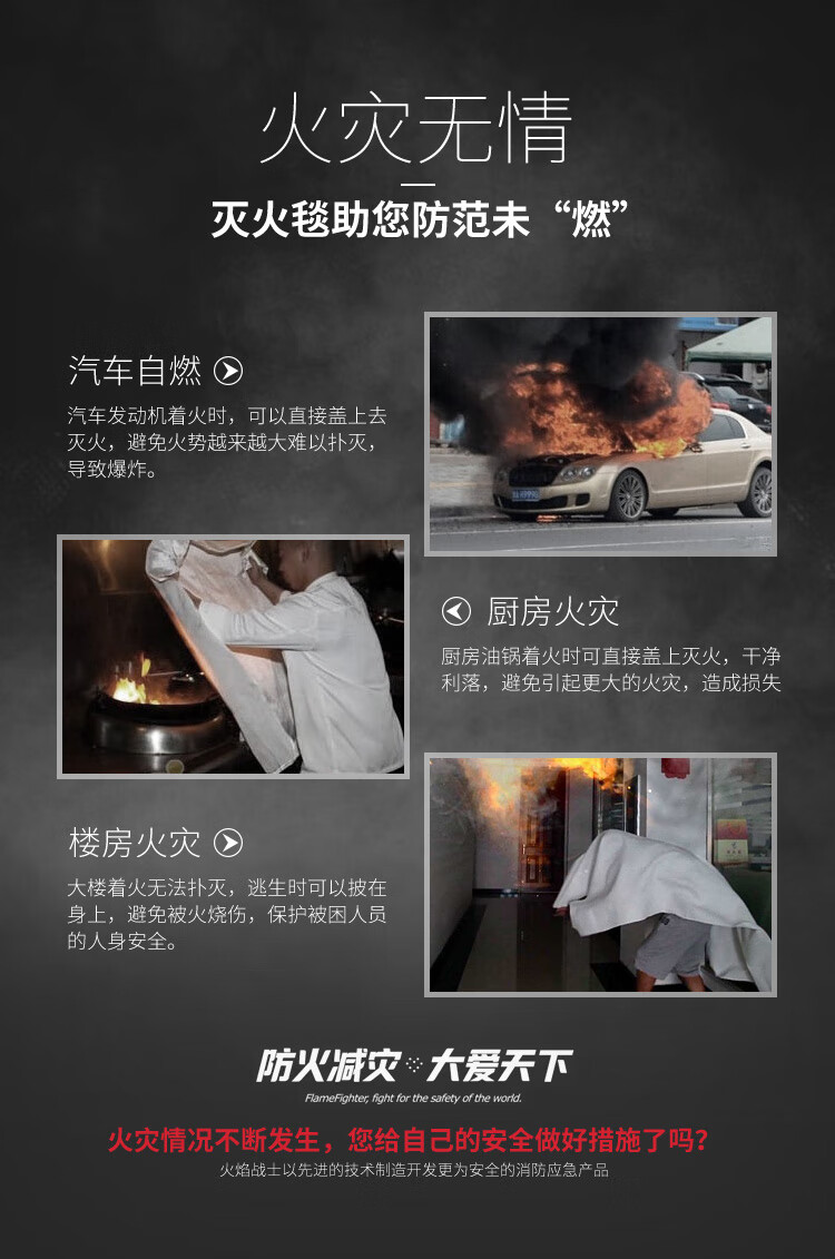 火焰战士 硅胶灭火毯家用家庭厨房工厂用灭火毯防火救生毯1.5x1.5M