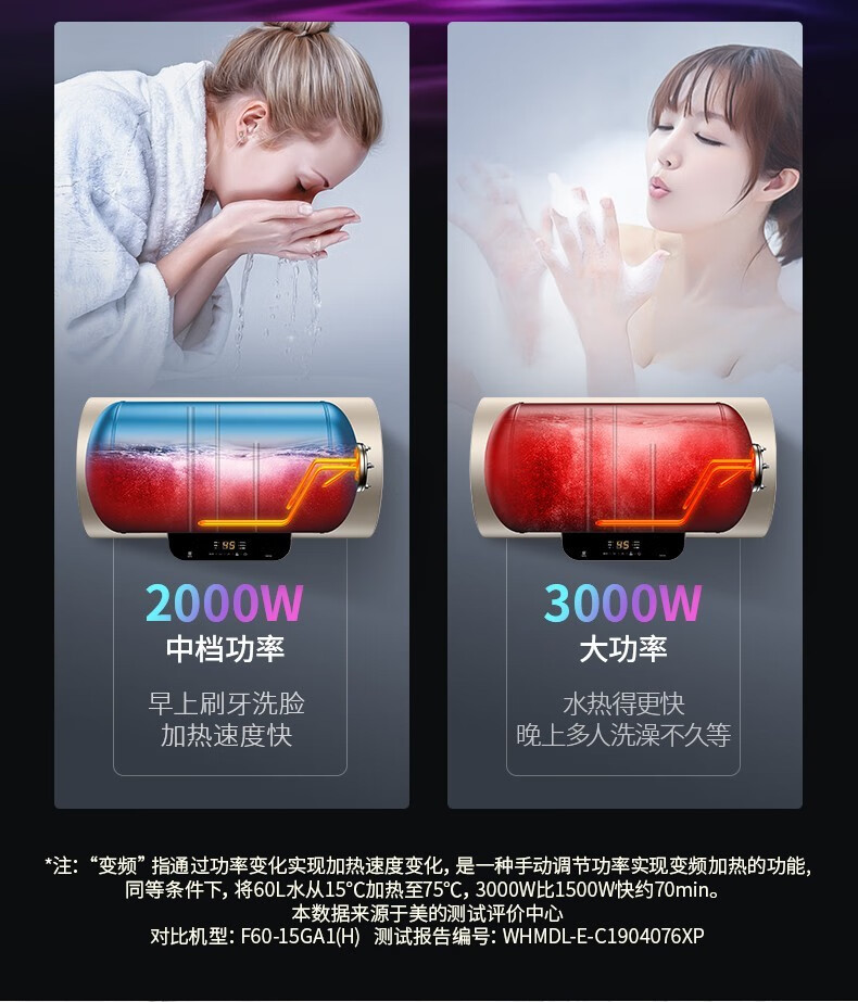 美的（Midea）电热水器储水式家用2200W变频F6022-YD2(HE)速热5倍增容一级节能安全零电洗智能