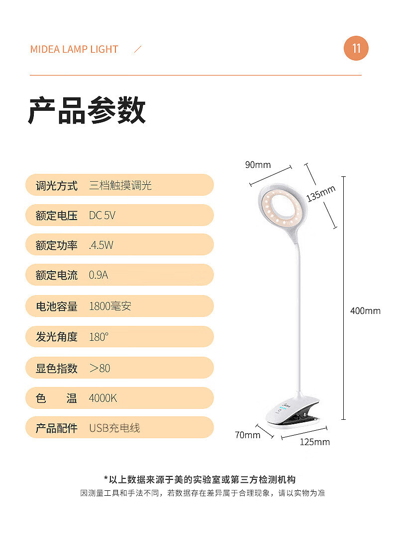 美的（Midea）台灯儿童学生学习阅读夹子灯宿舍寝室卧室床头书桌夹子式usb充电led台灯MTD5-M/K-28