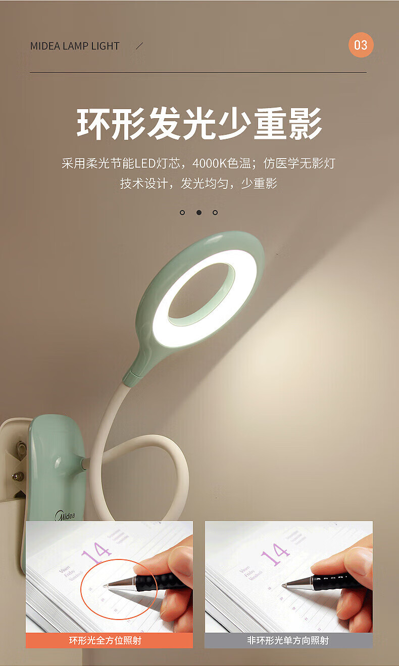 美的（Midea）台灯儿童学生学习阅读夹子灯宿舍寝室卧室床头书桌夹子式usb充电led台灯MTD5-M/K-28