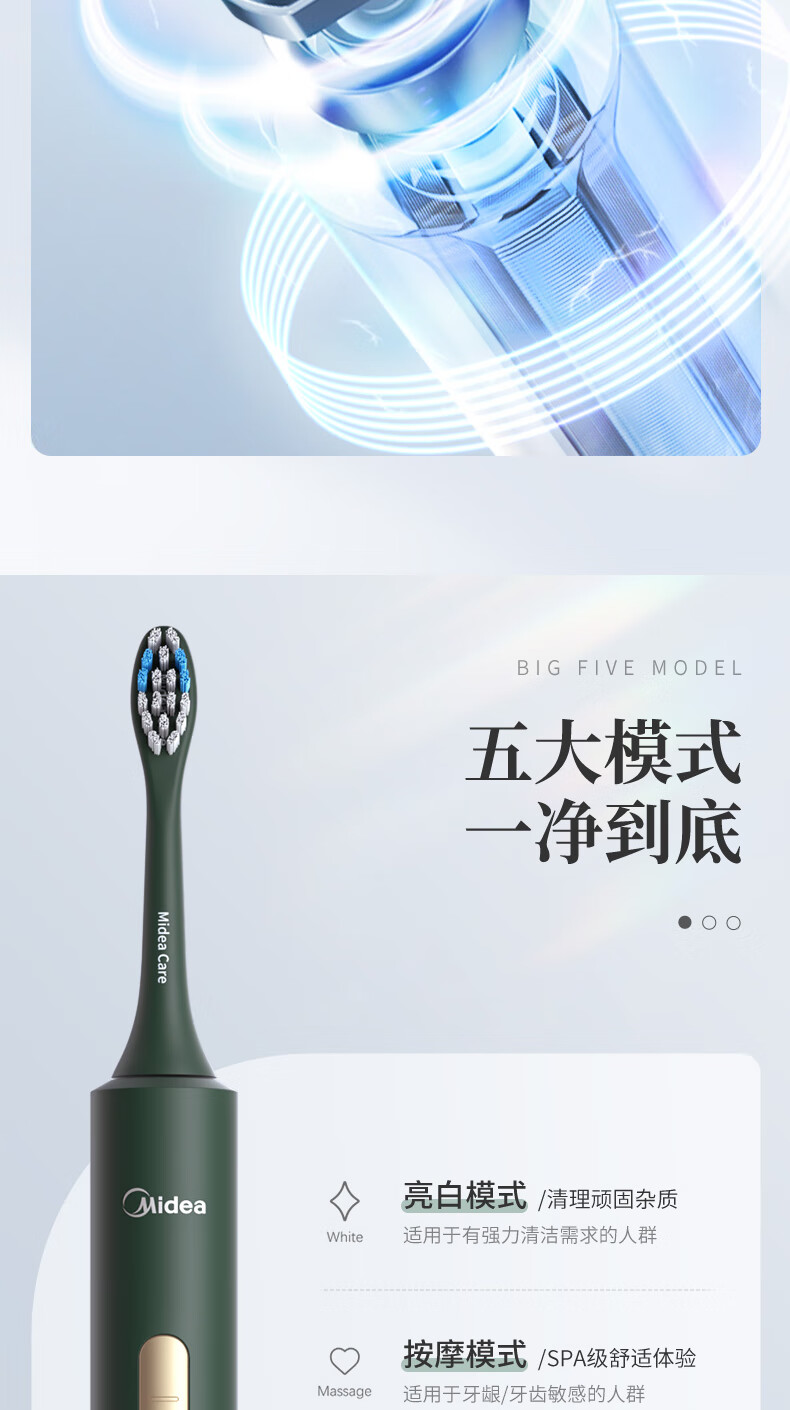 美的（Midea）电动牙刷成人 S1P-2 声波震动 300天长续航 智能换区提醒牙刷