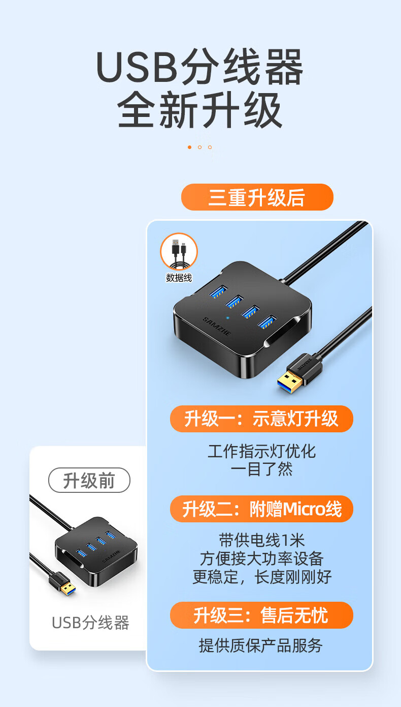山泽(SAMZHE) USB分线器 3.0高速4口HUB扩展坞集线器 笔记本一拖四转换器延长线带电源接口0.5米黑色HUB04