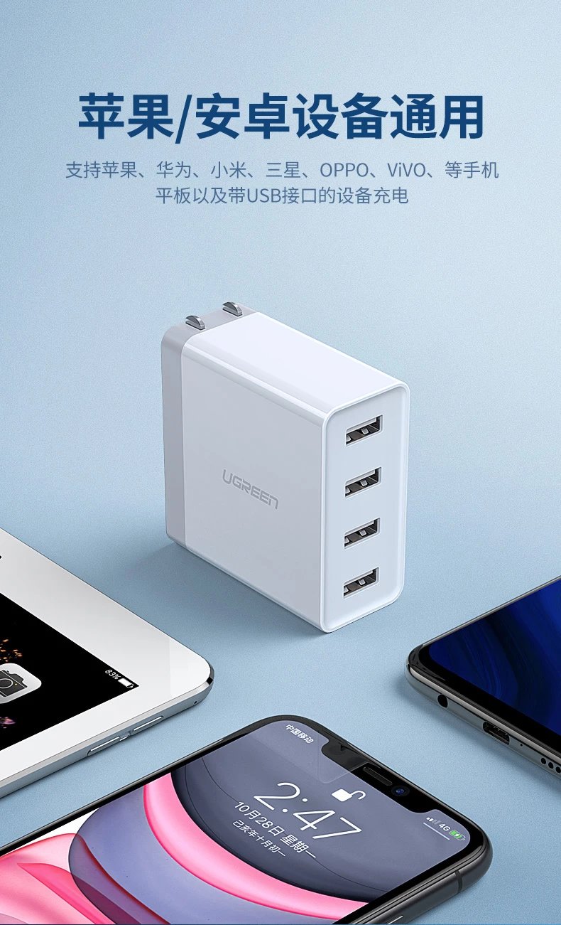 绿联（UGREEN）充电器苹果多口USB多孔快充多功能快速旅行四口安卓ipad 30562-配1.5米电源线款6.8A