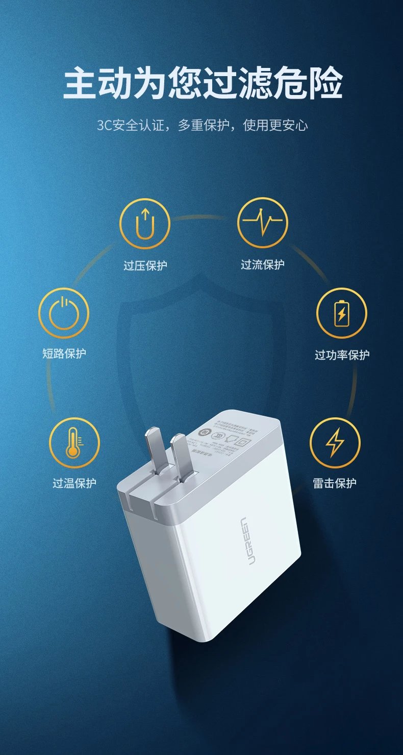 绿联（UGREEN）充电器苹果多口USB多孔快充多功能快速旅行四口安卓ipad 30562-配1.5米电源线款6.8A