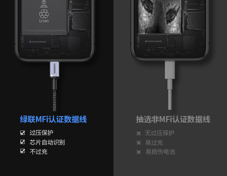 绿联（UGREEN）MFi认证苹果数据线 通用苹果手机 铠甲线1米 20592