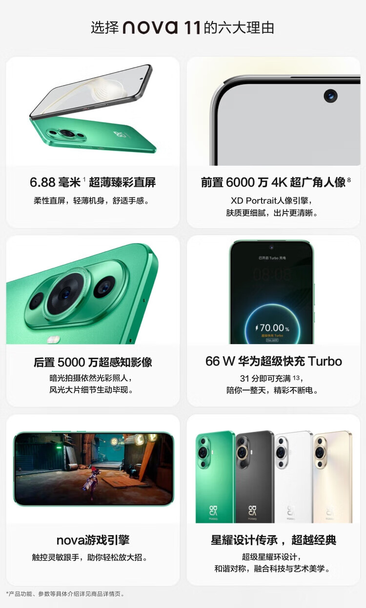 华为 前置6000万超广角人像 6.88毫米超薄臻彩直屏 256GB 11号色鸿蒙智能手机 nova11 256G 11号色