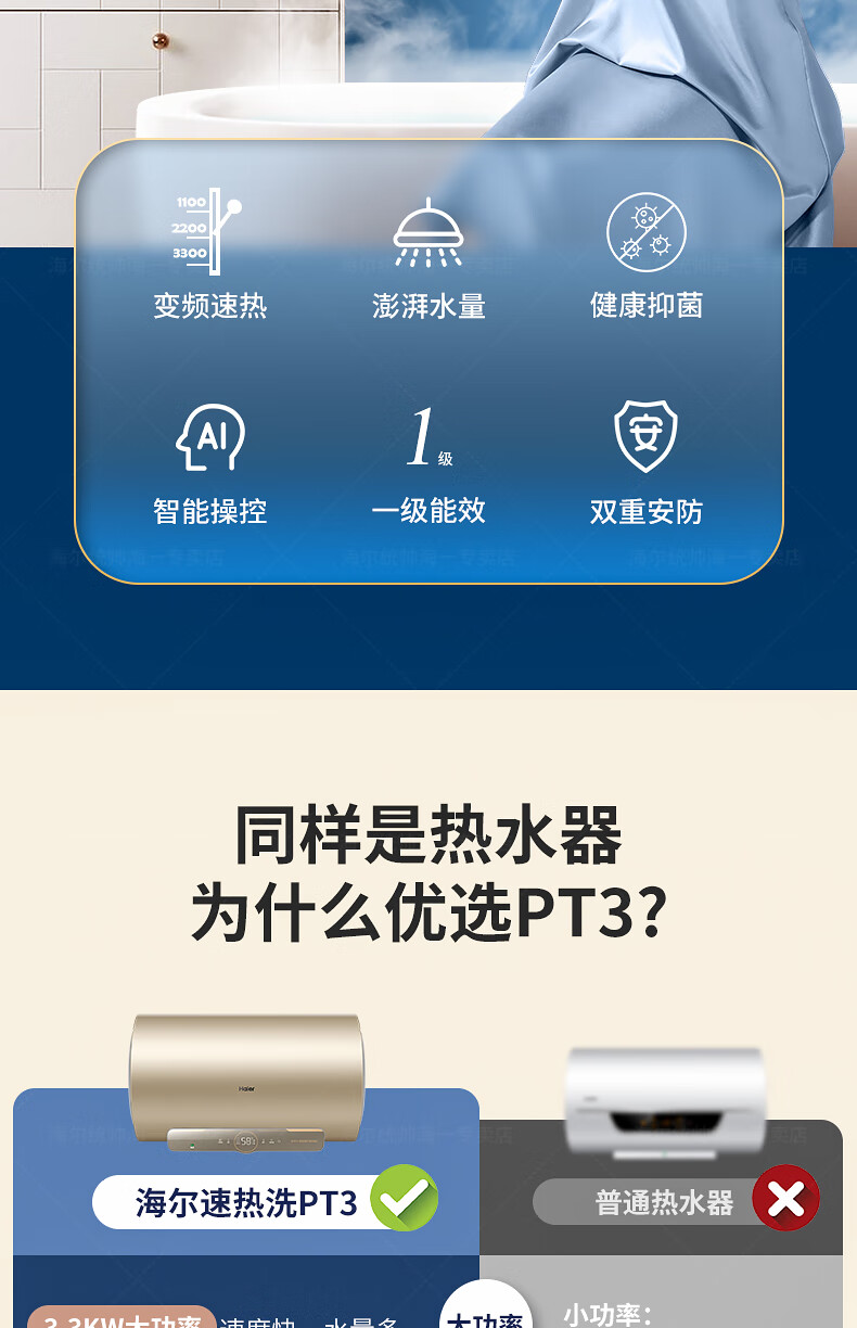 海尔（Haier）储水式80升电热水器 变频速热一级能效储水式洗浴 幻影蓝色 EC8002-PT3U1