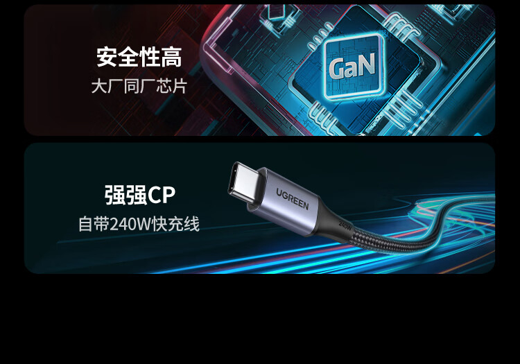 绿联（UGREEN）140W氮化镓充电器GaN套装PD快充头多口通用苹果Type-C华为手机笔记本配240W线15197