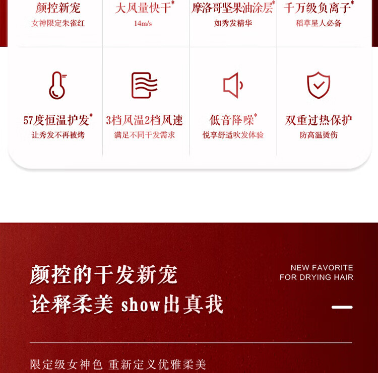 海尔（Haier）电吹风 大功率 吹风机家用 负离子 三种模式 恒温 吹风筒 朱雀红 HC51-2026升级版
