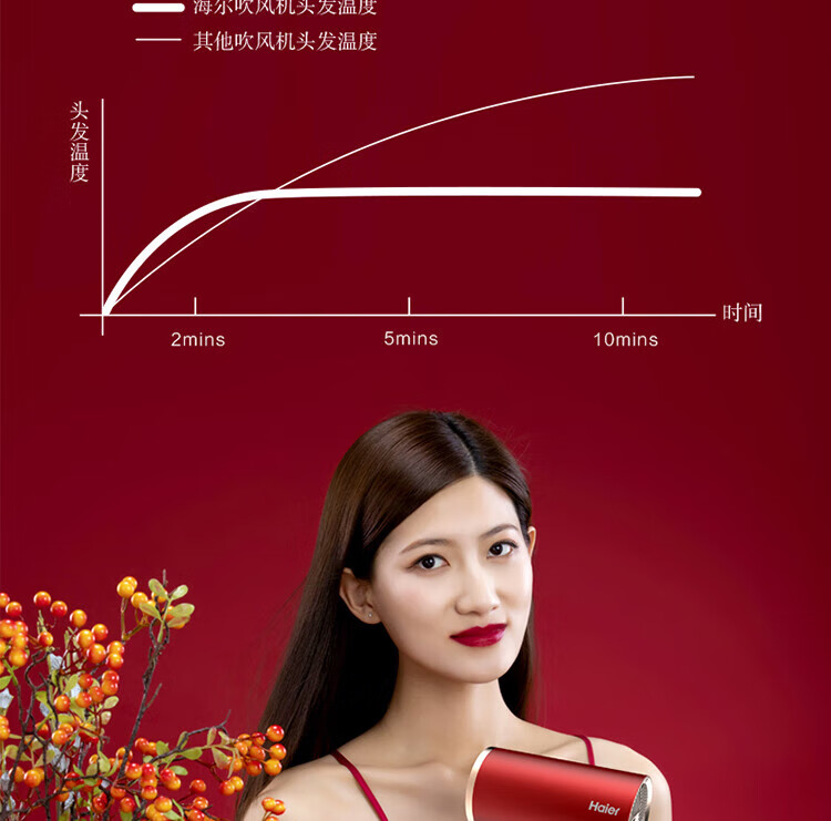 海尔（Haier）电吹风 大功率 吹风机家用 负离子 三种模式 恒温 吹风筒 朱雀红 HC51-2026升级版