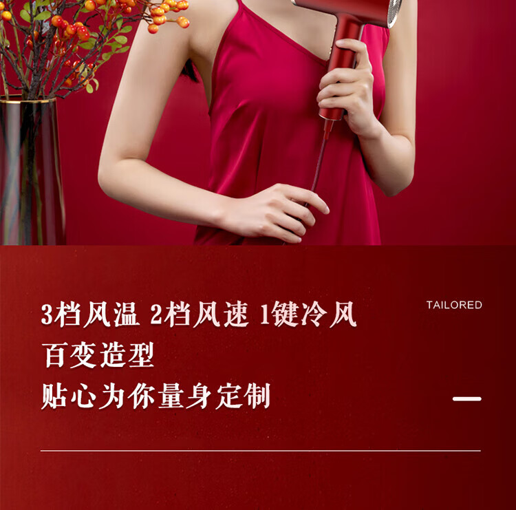 海尔（Haier）电吹风 大功率 吹风机家用 负离子 三种模式 恒温 吹风筒 朱雀红 HC51-2026升级版
