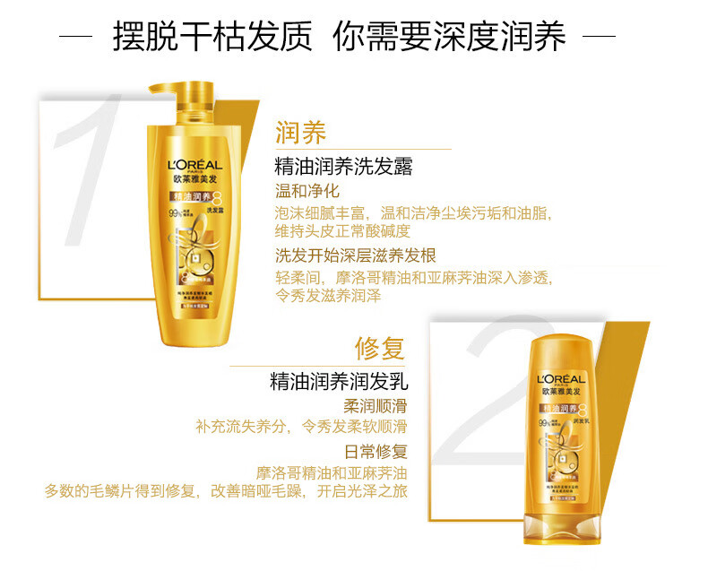 欧莱雅滋养干枯柔顺 精油润养洗护组合（洗发露400ml+润发乳400ml）