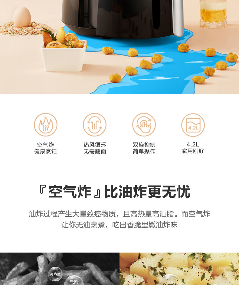 美的（Midea）  空气炸锅 4.5L大容量家用煎炸锅 低油轻脂不粘大功率空气烤箱多功能薯条机电炸锅KZ42E101L
