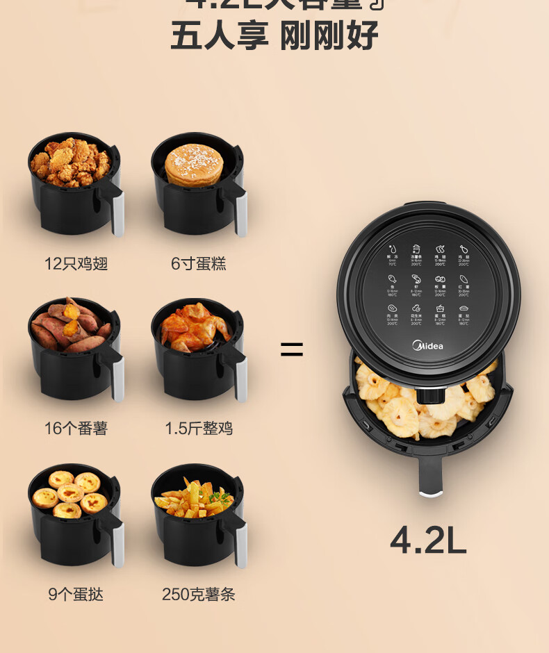 美的（Midea）  空气炸锅 4.5L大容量家用煎炸锅 低油轻脂不粘大功率空气烤箱多功能薯条机电炸锅KZ42E101L