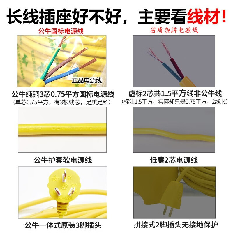 公牛（BULL）新国标插座/插线板/插排/排插/接线板/拖线板（3插位）C221X无线 20米