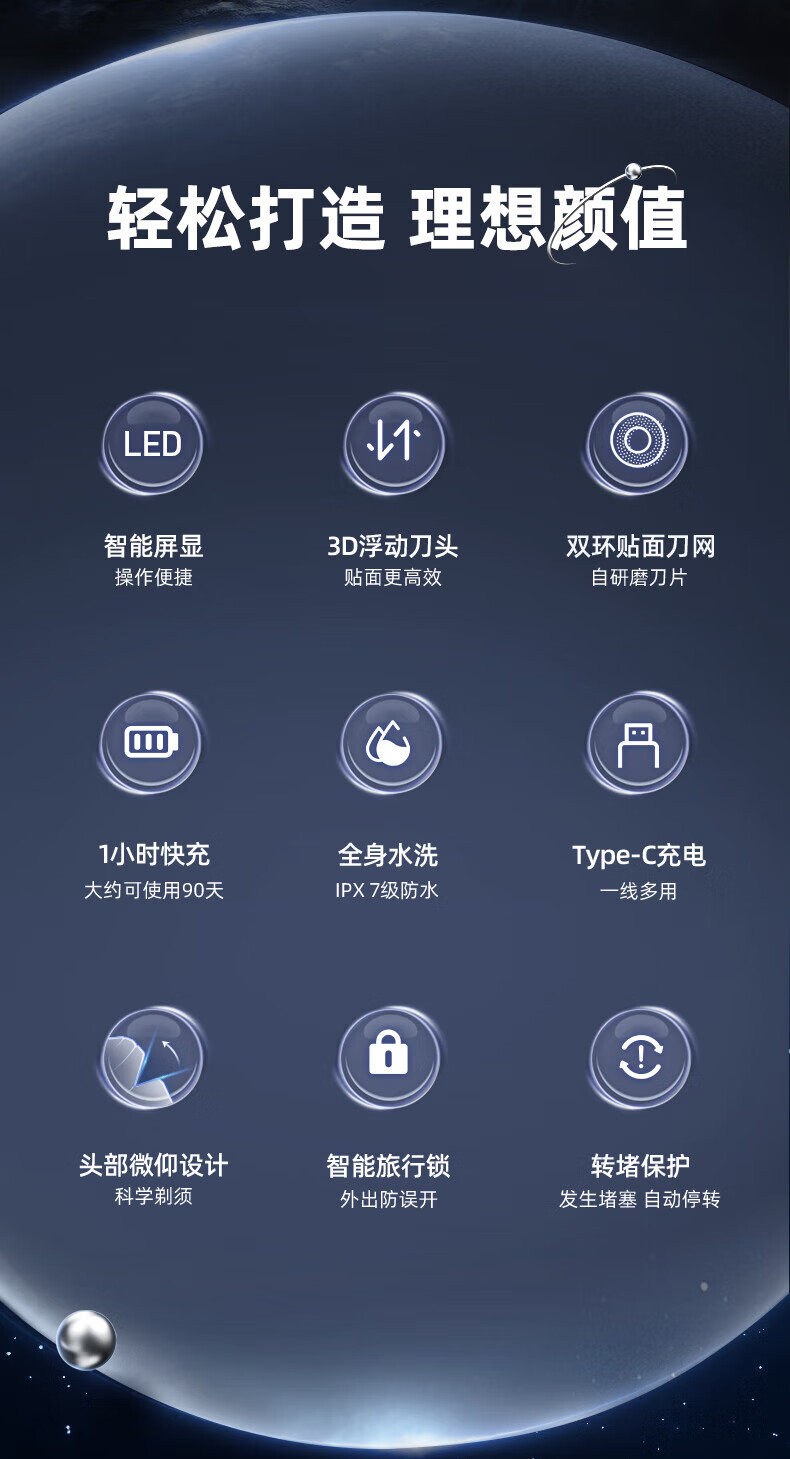 蓓慈（Beici）电动剃须刀 全身水洗剃须刀 充电式干湿两用 升级智能LED 续航90天 X3 海军蓝