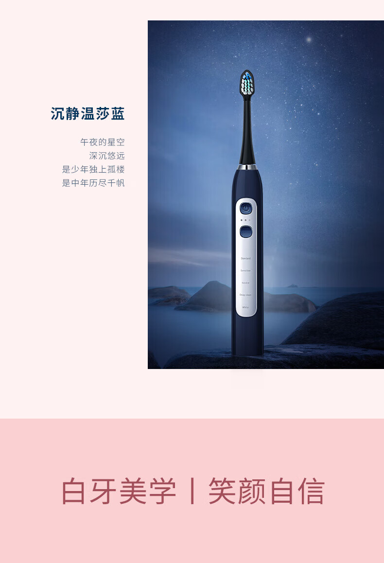 蓓慈（Beici）声波电动牙刷成人家用男女情侣款充电式洁牙器杜邦软刷毛牙刷头 VY01B2温莎蓝