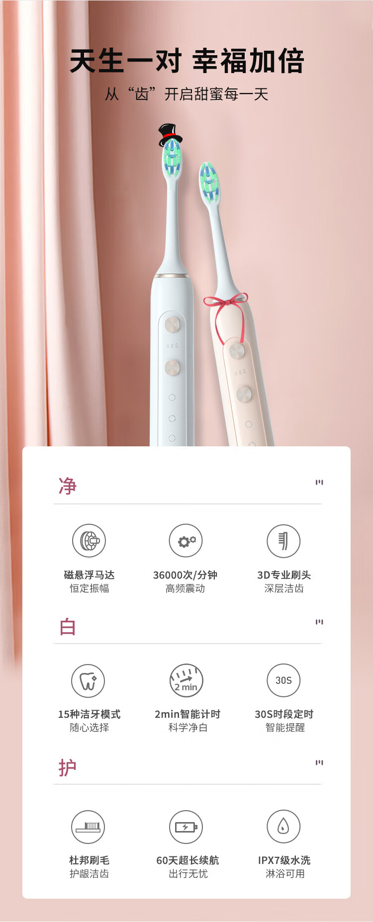 超人（SID） 情侣电动牙刷成人软毛超声波洁牙杜邦刷头送女男朋友生日礼物礼RT860白