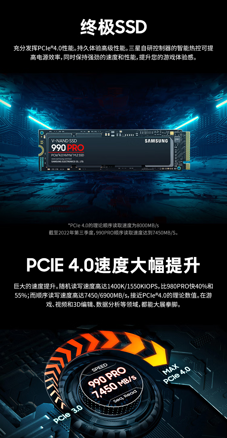 三星（SAMSUNG）2TB SSD固态硬盘 M.2接口(NVMe协议PCIe 4.0 x4) 990 PRO （MZ-V9P2T0BW）