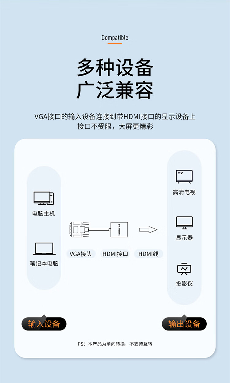 SAMZHE山泽 VGA转HDMI线转换器带音频供电 高清视频转接头适配器 笔记本电脑接显示器投影仪线 黑VH2018/