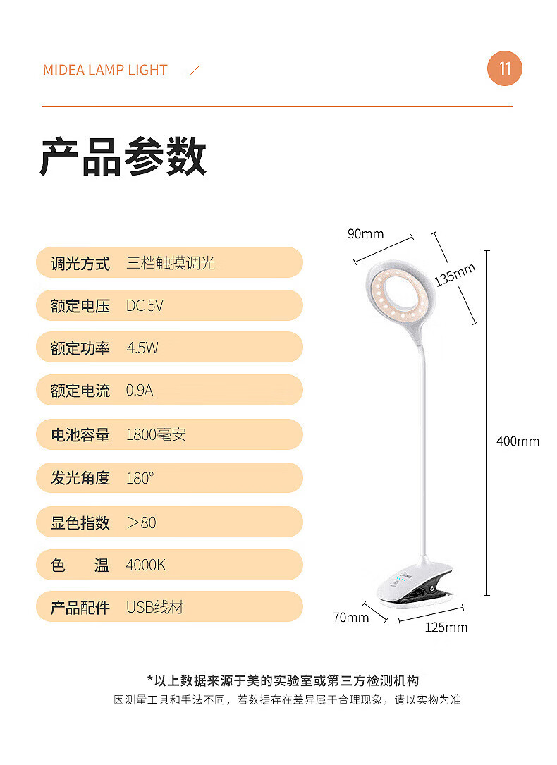 美的（Midea）led充电台灯儿童学生学习阅读灯宿舍寝室卧室床头书桌夹式小台灯MTD4.5-M/K-07白色