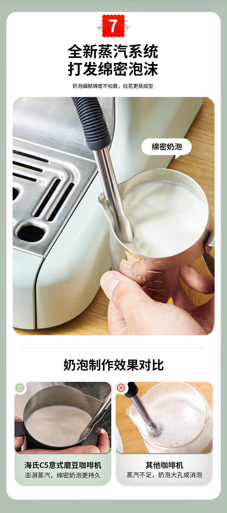 海氏（Hauswirt）意式磨豆咖啡机半自动家商用双锅炉蒸汽打奶泡机 C5米白色
