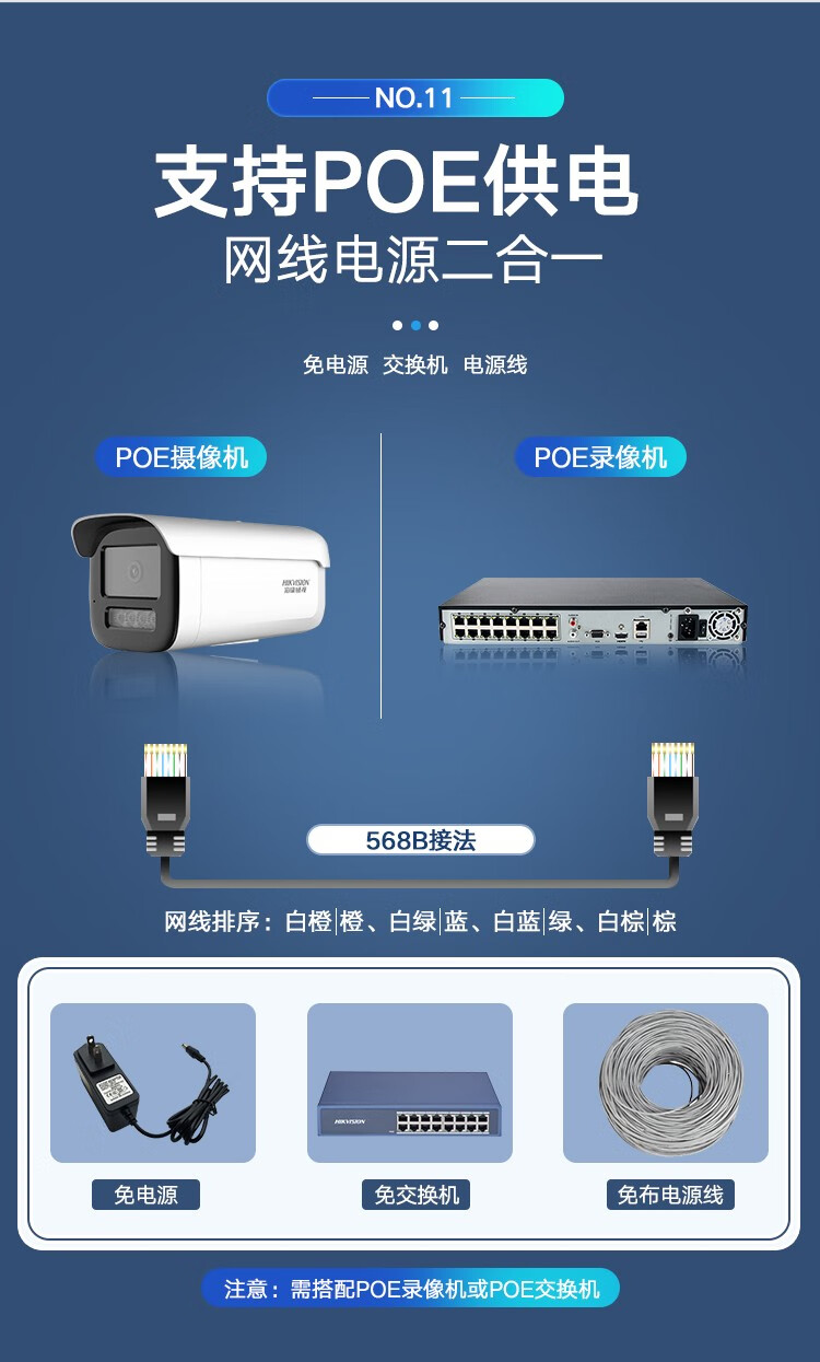海康威视HIKVISION 高清监控摄像头红外全彩夜视POE网线供电 DS-2CD3T46WDV3-I3 焦距4MM