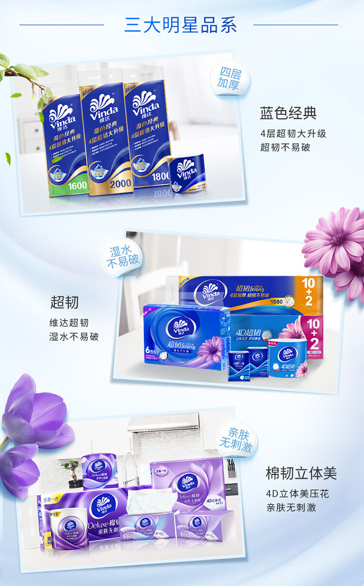 维达蓝色经典卷纸 4层200g卫生纸 20卷装 V4073