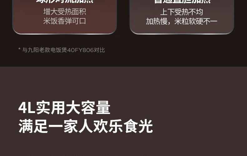 九阳（Joyoung）电饭煲铁釜内胆4升钢化玻璃面板智能预约家用电饭锅 F-40T50A
