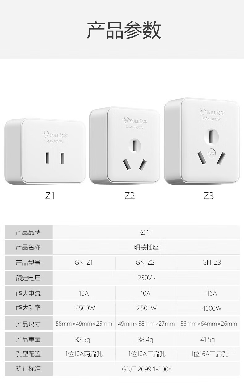 公牛（BULL）明装插座16A扁三孔空调大功率简易型墙壁电源插座GN-Z316A3孔明装插座Z3