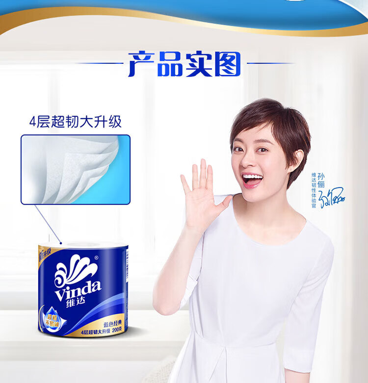 维达（Vinda）V4073 维达200克4层蓝色经典卷纸10卷/提 1提装