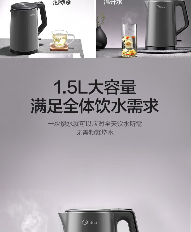 美的（Midea）家用电水壶热水壶烧水壶 控温壶304不锈钢 电热水壶 MK-15MS03