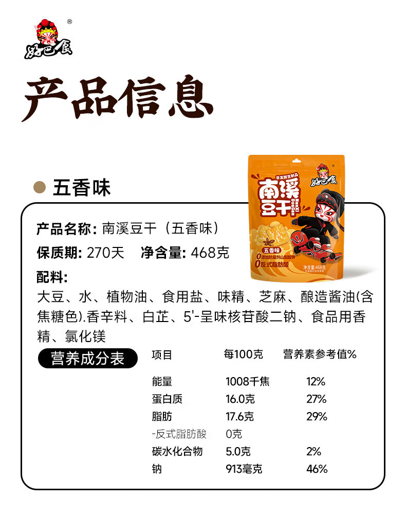 好巴食 豆干零食大包装 南溪豆干五香1+麻辣1+烧烤1 468g*3袋