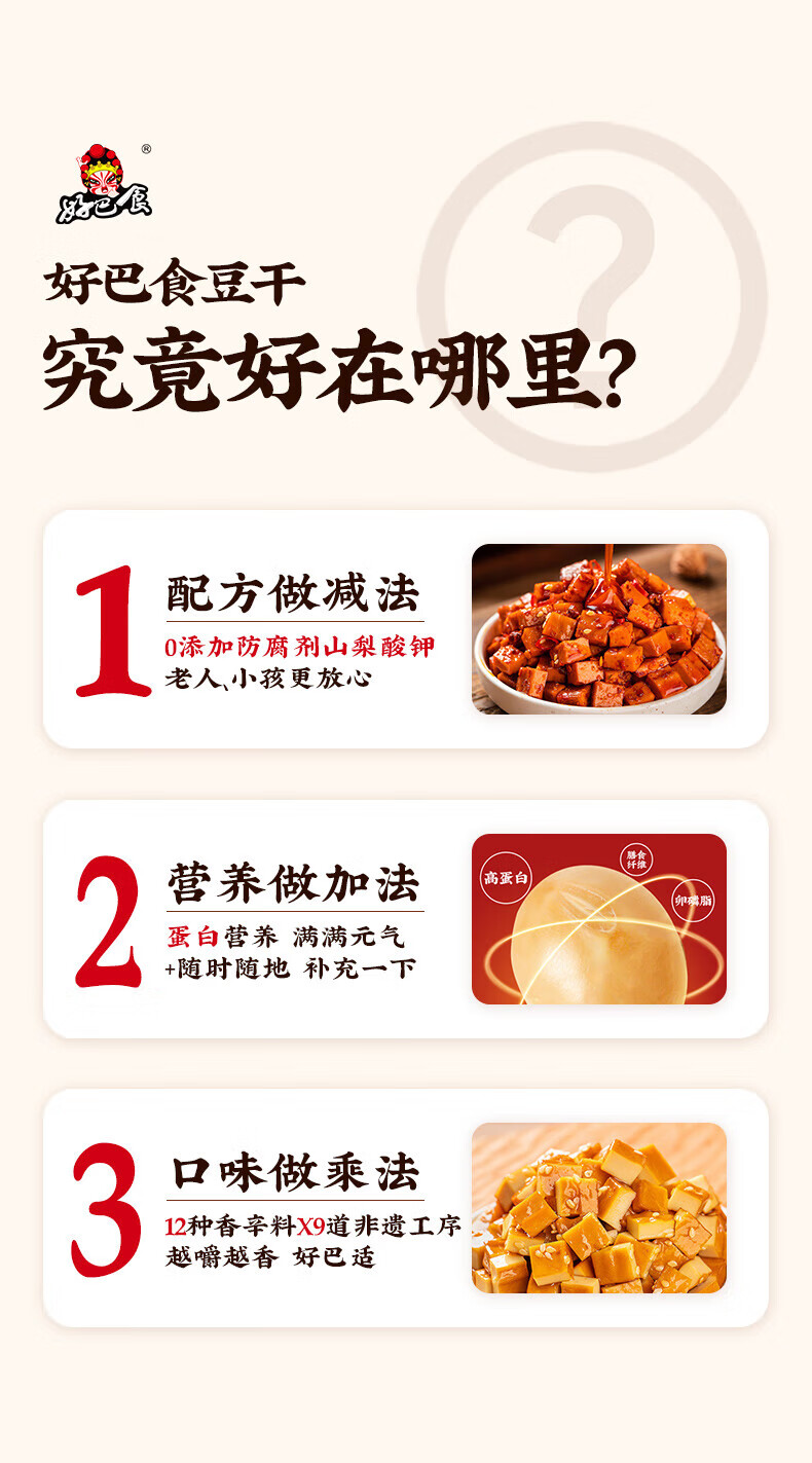 好巴食 豆干零食大包装 南溪豆干五香1+麻辣1+烧烤1 468g*3袋