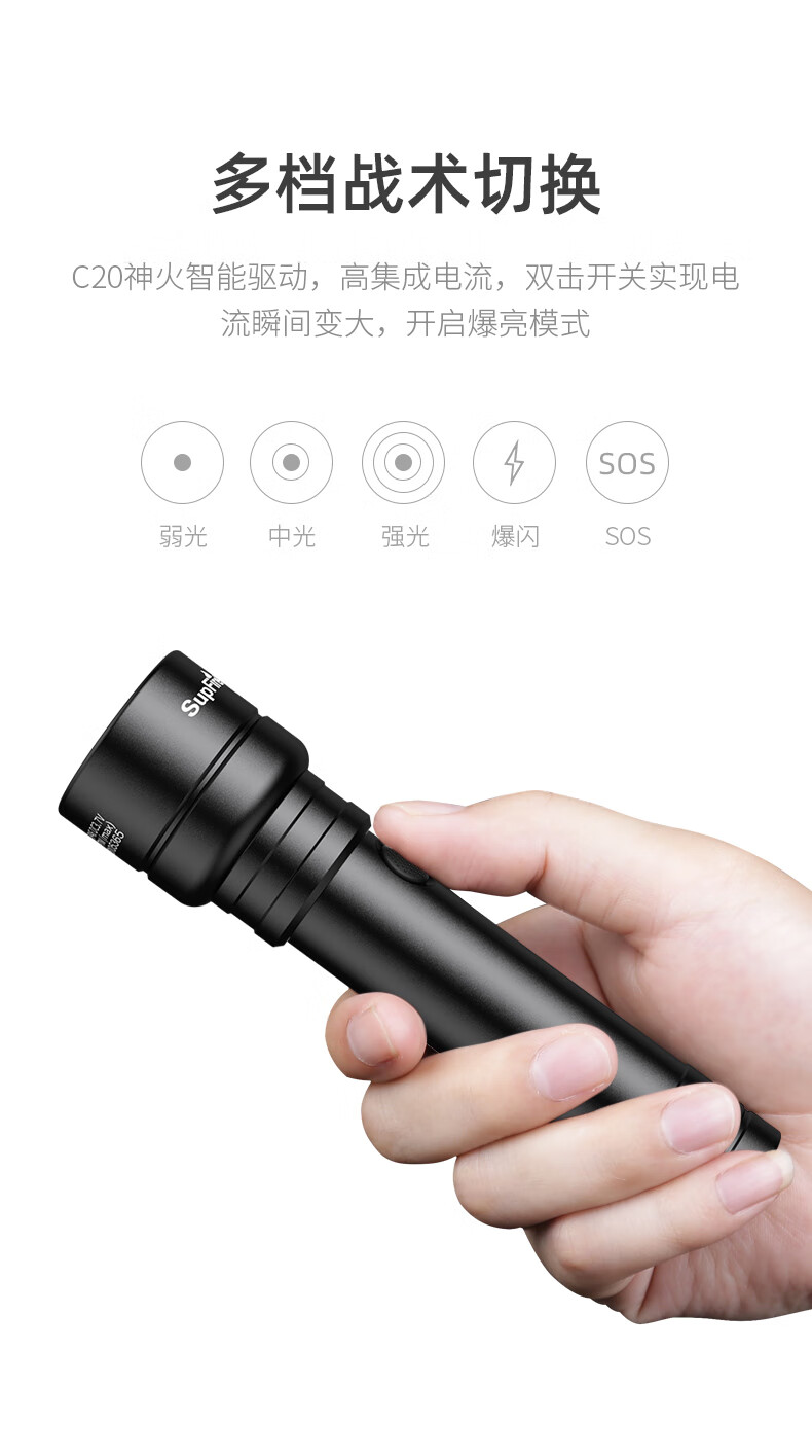 Superfire神火强光灯手电筒超续航远射led大功率充电手电筒C20-A